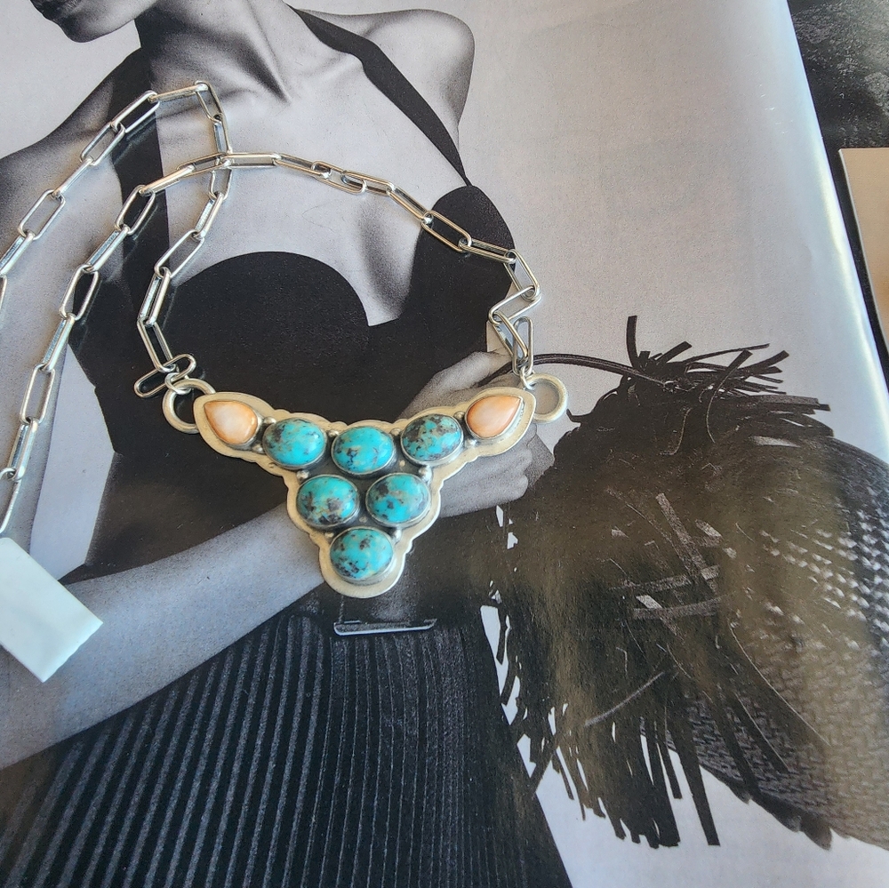 Elegant STERLING SILVER Turquoise and SPINY Necklace BUCKIN FLAMINGO